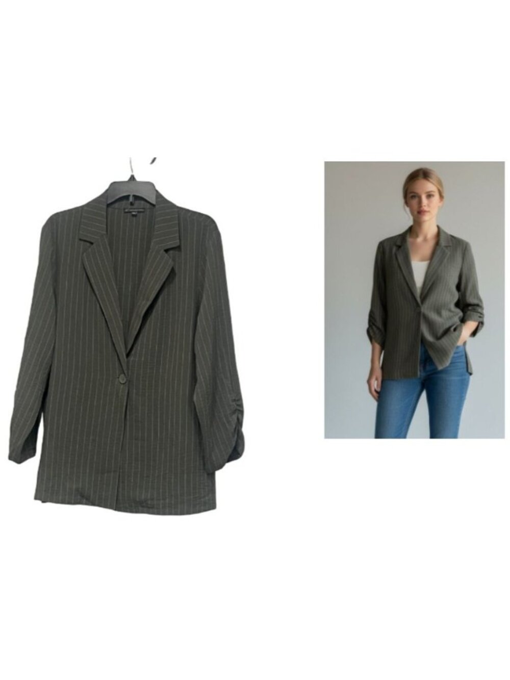 Adrianna Papell Pinstripe 3/4 Sleeve One Button Jacket In Park Green/ivory, XL